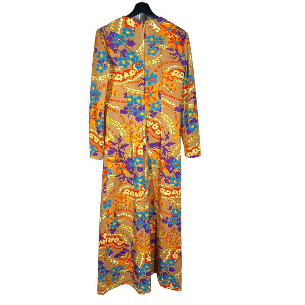 Vintage 60s Tan Multicolor Floral Print Long Sleeve Full Length Dress Medium - Picture 4 of 9